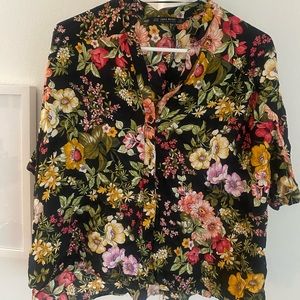 Black Zara floral button down shirt